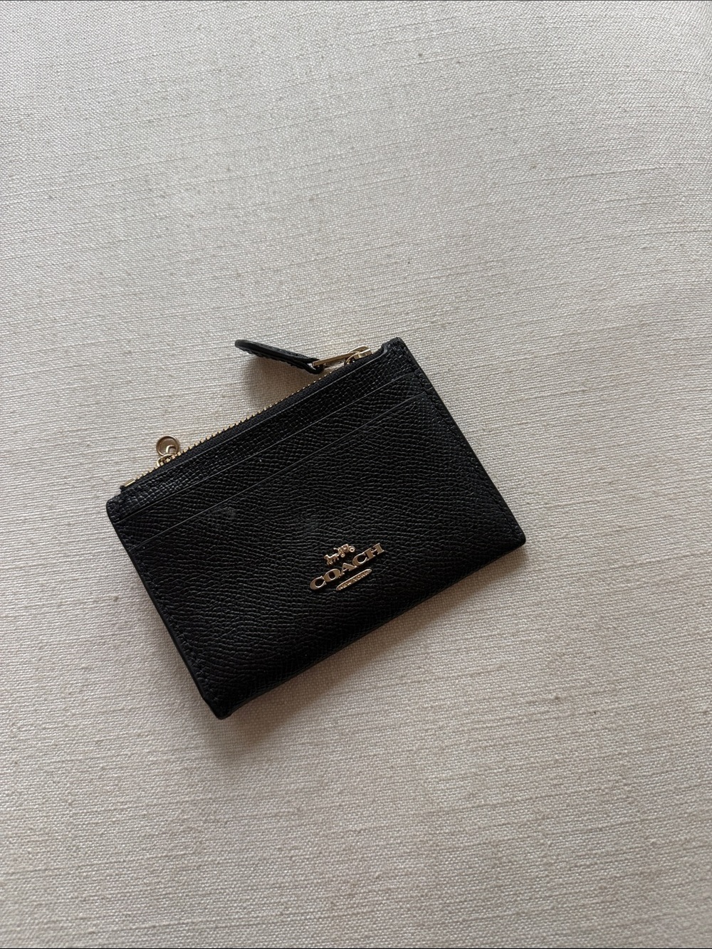 Coach Black Pebbled Leather Zip Card Case with Gold Logo